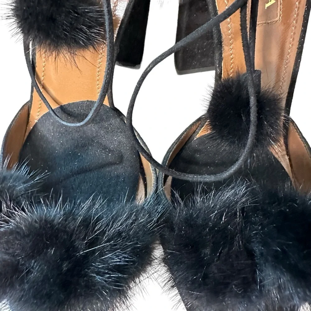 Aquazzura | Black Suede Wild Russian D'Orsay Pom Pom Ankle Wrap Pumps Size 37